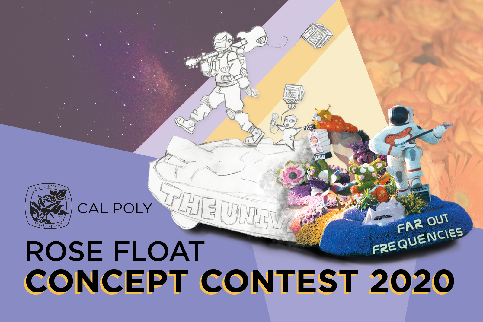 Cal Poly Rose Float Concept Contest 2020, Sketch of last year's winning design of an astronaut with a guitar and aliens singing combined with the final float design called 